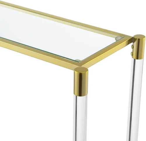Vista 4 de Furnifact Mesa consola de 2 niveles, mesa de cristal transparente estrecha con patas acrílicas y marco cromado dorado, pasillo o sofá