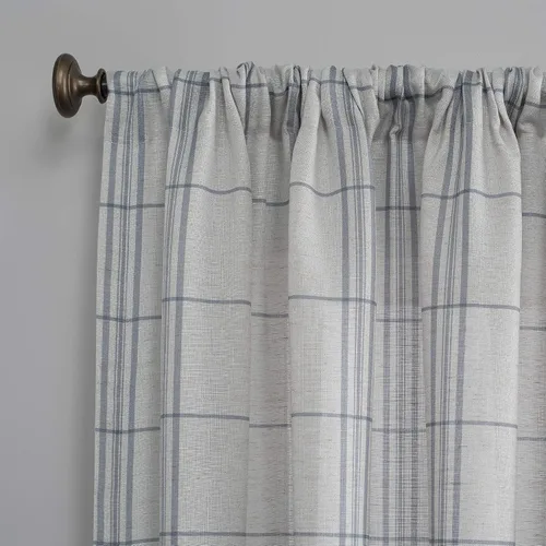 Vista 2 de No. 918 Castille Farmhouse Plaid Linen Semi-Sheer Rod Pocket Curtain Panel, 54" x 63", Blue/Linen