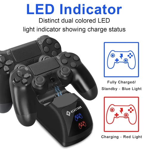 Vista 3 de Beastron - Estación de carga dual USB para controlador Sony PS4, base de carga dual con indicador de luz LED, compatible con Playstation 4 PS4