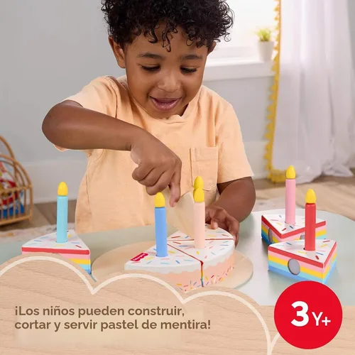 Vista 3 de Fisher-Price Conjunto de Pastel de Juguete de Madera de Juego de Simulación, 14 Piezas de Comida de Madera para Decorar y Servir para Juego de Niños