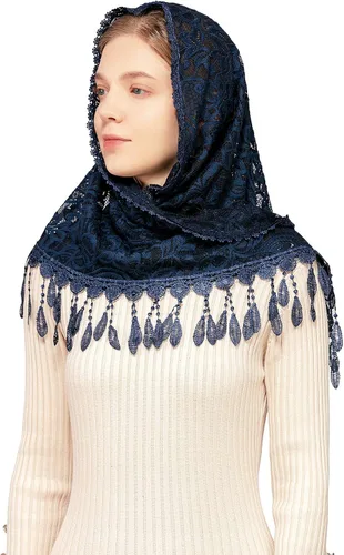 Vista 3 de Wgior Triángulo Flor Capilla Velos Católico Latino Masa Cabeza Cubierto de Encaje Bufanda Mantilla Velos para Iglesia
