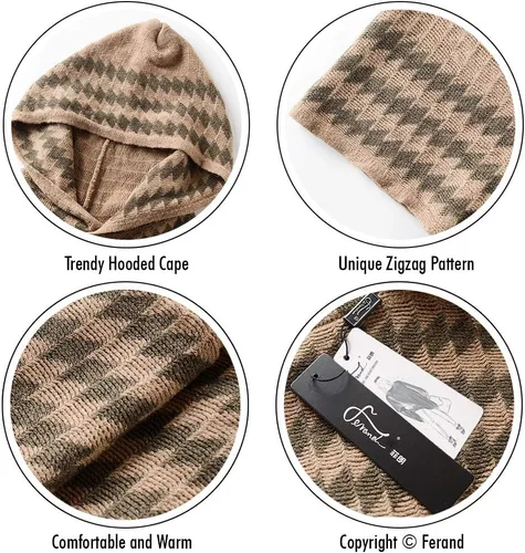 Vista 4 de Ferand Suéter poncho de punto con capucha y rayas en zigzag para mujer con flecos