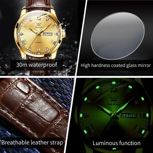 Vista 4 de OLEVS Tienda Watches, reloj de cuero marrón para hombre, reloj de fecha para hombre, reloj luminoso para hombre, reloj de vestir para hombre, reloj