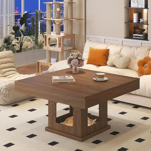 Vista 8 de [Usado] knoworld Mesa auxiliar cuadrada, mesa de centro de madera con almacenamiento y casa para gatos, mesa de cóctel marrón rústica para sala