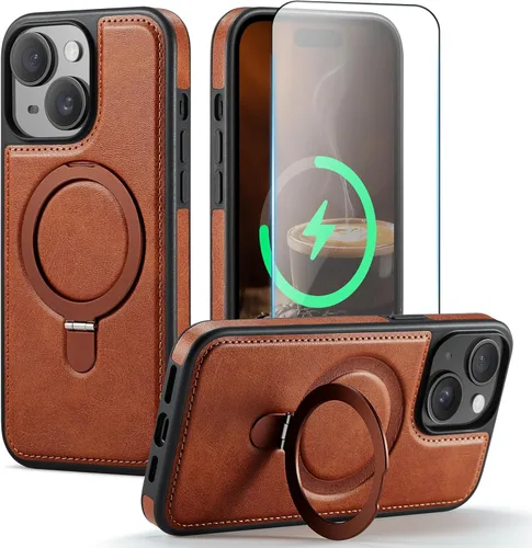Vista 14 de Funda para iPhone 13 con soporte compatible con Magsafe, color negro Magnetic Kickstand, with Tempered Glass Screen Protector, Durable PU Leather