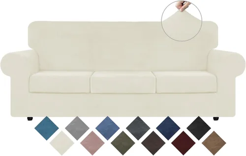 Vista 7 de WEERRW 4 Piezas Fundas de Terciopelo de Alta Elasticidad para Sofá de 3 Cojines Fundas de Sofá, Protector de Muebles Lavable con Parte Inferior