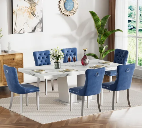Vista 36 de Henf Juego de mesa de comedor extensible de 78 pulgadas para 6 mesas rectangulares de madera de 7 piezas con 6 sillas tapizadas de terciopelo, mesa