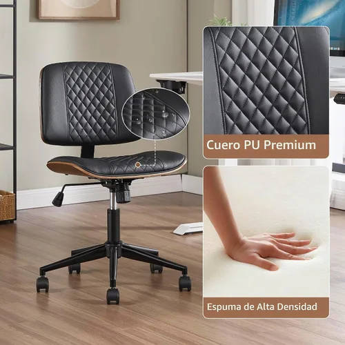 Vista 3 de Silla de escritorio de oficina con ruedas sin brazos, silla de computadora Negro