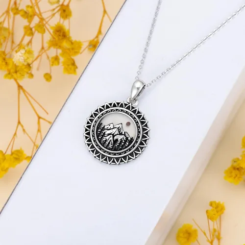 Vista 25 de PROESS Collar de plata de ley con colgante de montaña y sol de semilla de mostaza/masónico/brújula para mujeres y hombres, collar con colgante