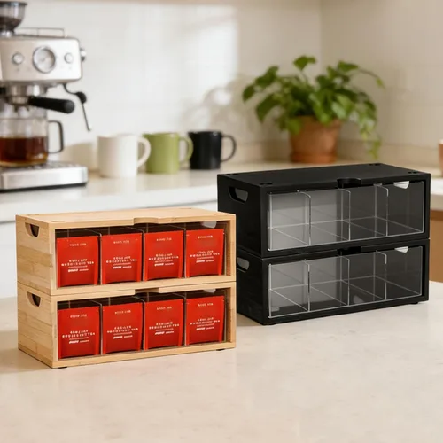Vista 6 de Organizador apilable de bambú para bolsitas de té, juego de cajas de gran Negro