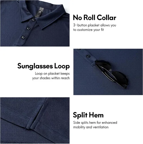 Vista 3 de Haimont Polo para hombre, manga larga, ligera, de poliéster, con cuello, absorbe la humedad, ajuste regular