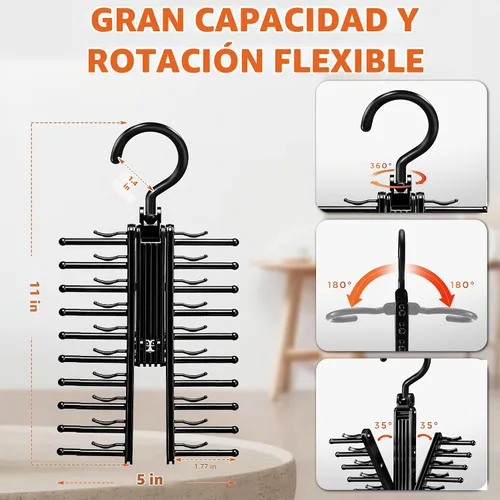 Vista 5 de IPOW 2 soportes para corbatas See Everything Cross X 20, giratorio para abrir/cerrar corbata y gancho para cinturón con clips antideslizantes