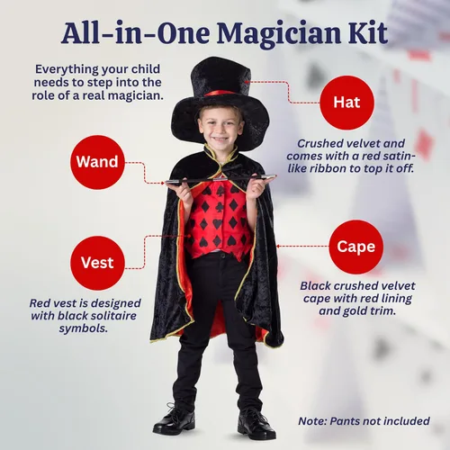 Vista 2 de Dress Up America Disfraz de mago para niños, capa de mago, sombrero y varita, disfraz mágico para niños y niñas
