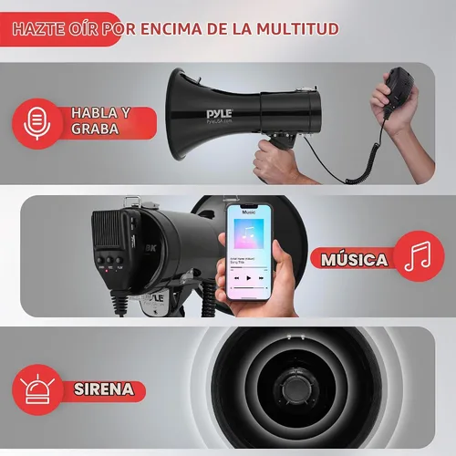 Vista 3 de Pyle 50W Megaphone Bullhorn - Portable, Automatic Siren & Adjustable Volume, Projection Range Up to 1200 Square Yards, Aux Input, Talk, Siren