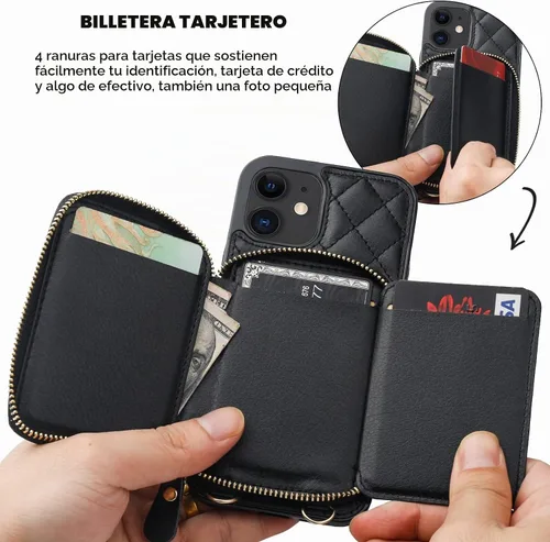 Vista 4 de Bocasal Funda tipo cartera cruzada para iPhone 12/12 Pro, bloqueo RFID, de piel sintética, con cremallera, bolso cartera con tapa plegable, funda