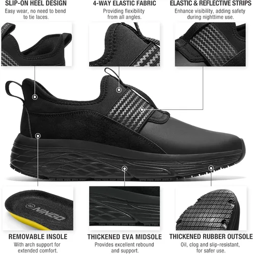 Vista 2 de NINGO Zapatos de trabajo antideslizantes para hombre, para servicio de alimentos, resistentes al agua y al aceite, zapatos de chef de cocina