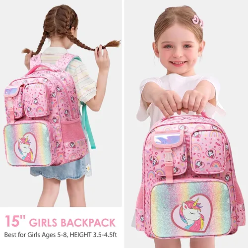Vista 2 de Mochila para niñas de 5 a 8 años para jardín de infantes y escuela primaria Rosa