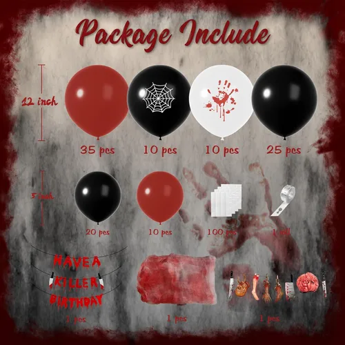 Vista 7 de Guirnalda de globos de Halloween con tela espeluznante y pancarta de 2 estilos, globos blancos impresos a mano negra roja y sangrienta, globos B