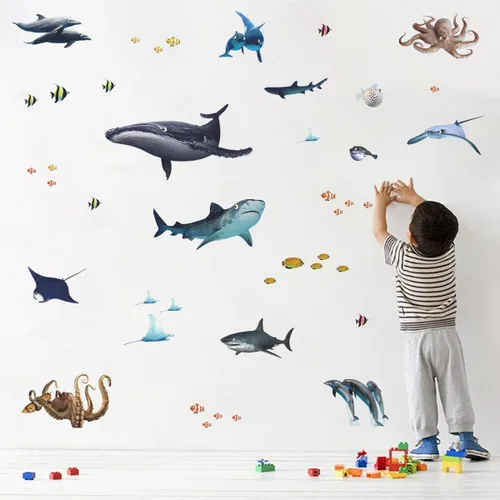 Vista 4 de Calcomanías de pared de peces con temática oceánica, bricolaje, ballena submarina, pulpo, delfín, tiburón, calcomanías de pared para despegar