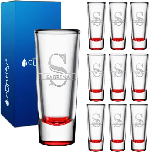 Vista 79 de Vaso de chupito personalizado con fondo negro personalizado de 2 oz, vasos de chupito cordiales con inicial y nombre en script dividido
