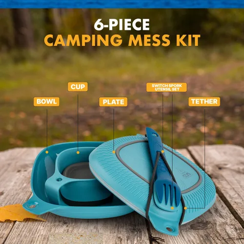 Vista 2 de UCO Kit de 6 piezas para acampar con cuenco, plato, taza de campamento y juego de utensilios Switch Spork