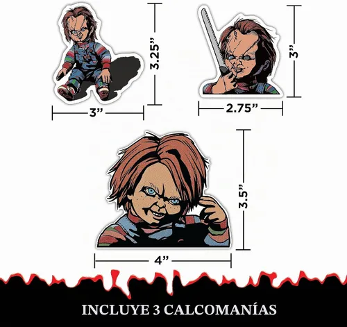 Vista 3 de Chucky Doll - Juego de 3 calcomanías de vinilo para coche, vaso, botella de agua, laptop, Halloween, terror, coche, calcomanías de cara de muñeca