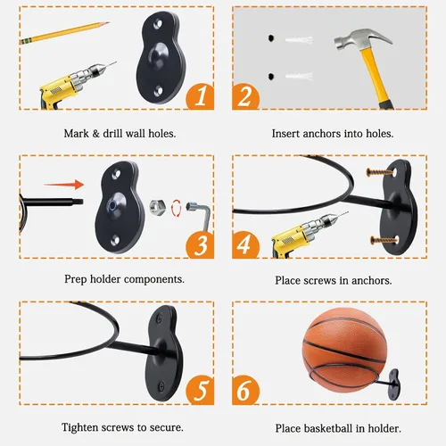 Vista 6 de Soporte de pared para baloncesto, soporte de bola de metal de 7 pulgadas de diámetro, almacenamiento de pelotas para baloncesto, fútbol, voleibol