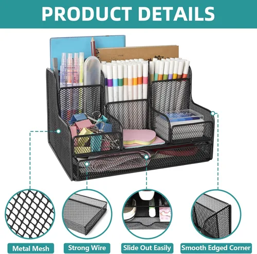Vista 3 de Organizador de Escritorio de Malla Negra Caddy y Accesorios con 7 Compartimentos, Accesorios de Escritorio Multifuncionales de Malla Organizadores