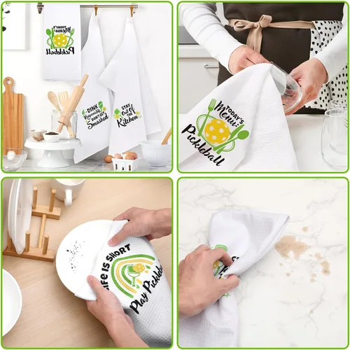 Vista 6 de Vansolinne Juego de 4 toallas de cocina de regalo de Pickleball para Navidad, juego de 4 paños de cocina, juego de toallas de mano de cocina