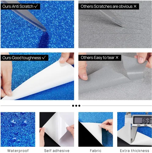 Vista 4 de FunStick Cartulina azul real con purpurina de 15.8 x 78.8 pulgadas, papel de purpurina azul autoadhesivo, cartulina brillante para Cricut