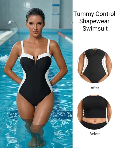 Vista 4 de Daci Women's Tummy Control One Piece Bathing Suit Negro y blanco