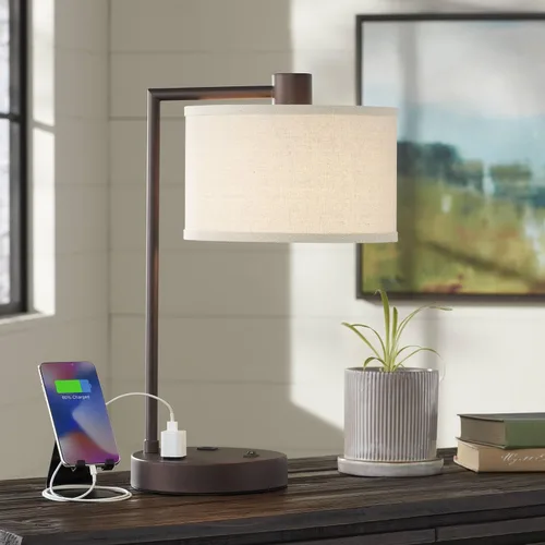 Vista 10 de 360 Lighting Colby - Lámpara de mesa moderna de 21 pulgadas con puertos de carga USB A+C y toma de corriente alterna en base de latón, pantalla