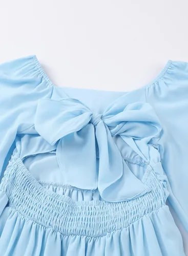 Vista 5 de blibean Vestido de manga larga con lazo en la espalda para niñas, vestido de otoño con hombros descubiertos, talla 6-15 años