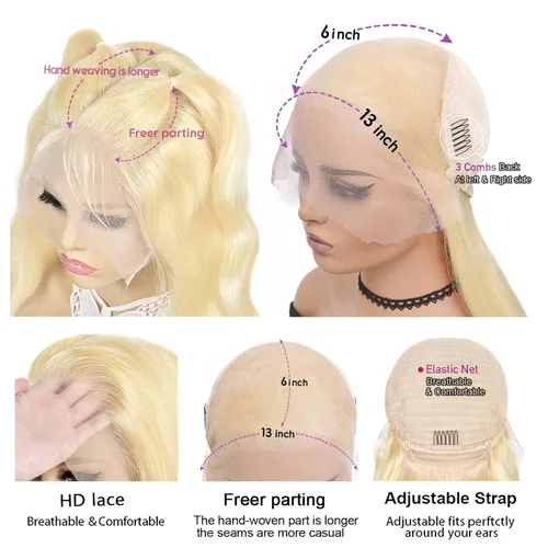 Vista 4 de Alipeacock Peluca de cabello humano 613 con encaje frontal de 13 x 6, densidad del 200 %, pelucas de cabello humano ondulado rubio prearrancado