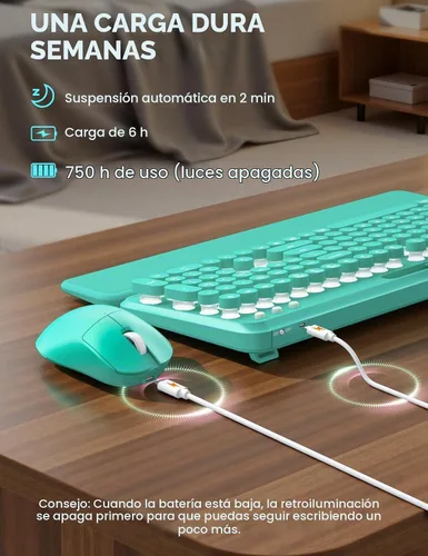 Vista 6 de Teclado y mouse inalámbricos, máquina de escribir retroiluminada con Verde Aqua