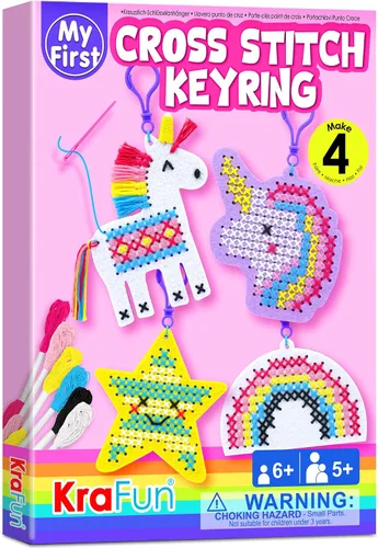 Vista 8 de KRAFUN Kits de Punto de Cruz para Niños Principiantes, 4 Llaveros de Punto de Cruz Artes y Manualidades con Animales, Unicornio, Kit de Bordado