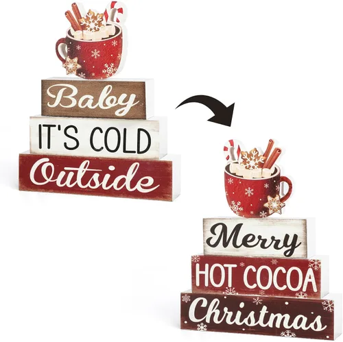 Vista 8 de 4 piezas de decoración de Navidad para interiores de madera con muñeco de nieve para decoración de mesa de centros de mesa de Navidad Feliz Navidad