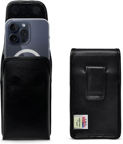 Vista 24 de Turtleback Clip para cinturón para iPhone 16 Pro Max, 15 Pro Max, 14 Pro Max, pequeño - Se adapta con fundas delgadas de estilo MagSafe, cuero negro
