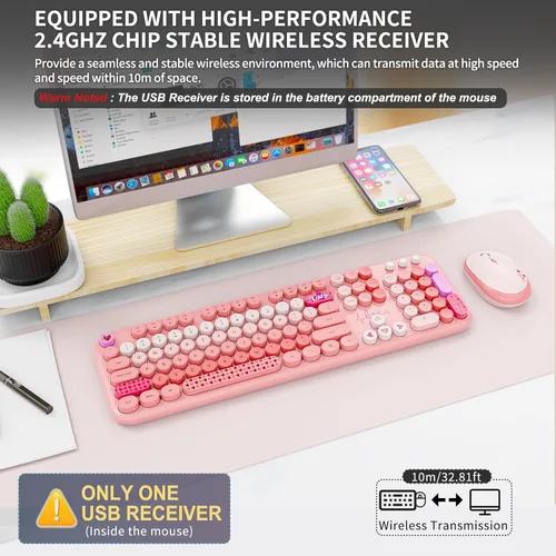 Vista 4 de Combo de teclado y mouse inalámbricos FOPETT - Teclado retro colorido y bonito de 2.4G de tamaño completo con teclas redondas de 104 teclas, teclado