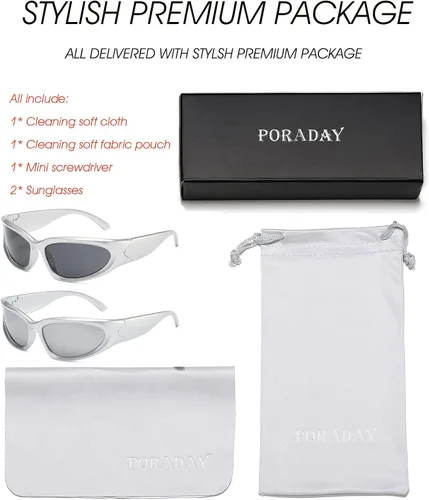 Vista 6 de PORADAY Wrap Around Fashion Sunglasses for Women Men Silver Oval Sports Sun Glasses Trendy Outdoor Eyewear Y2K Shades