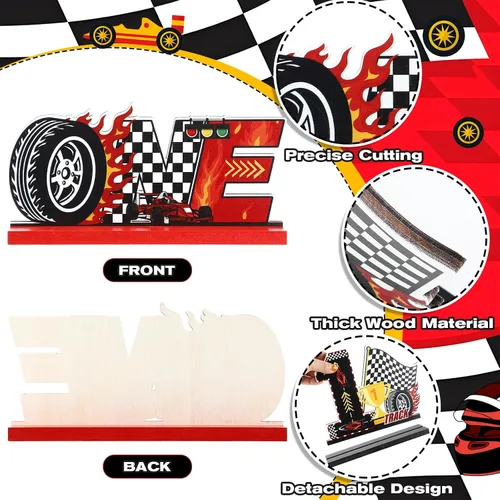 Vista 7 de 4 piezas de decoración rápida de un cumpleaños para niños, auto de carreras, centros de mesa de madera de primer cumpleaños, decoración de fiesta