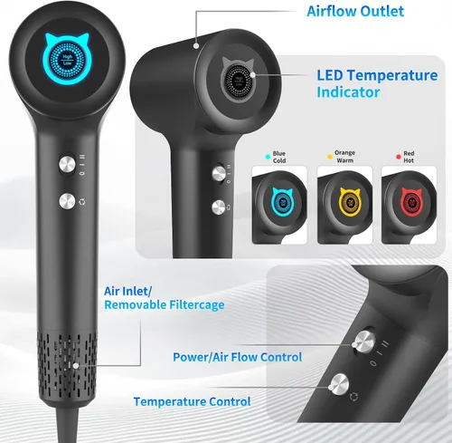 Vista 2 de BQSS Secador de pelo, 110000 rpm, secador de pelo iónico positivo negativo para mujeres, secador de pelo portátil de viaje con boquilla