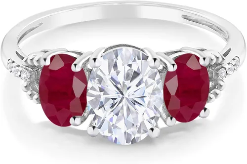 Vista 2 de 10K White Gold 3-Stone Ring Forever Brilliant Oval 274cttw Created Moissanite by Charles Colvard and Ruby