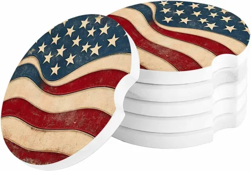 Vista 11 de Portavasos para automóvil para mujeres/hombres, paquete de 2 posavasos absorbentes de cerámica para bebidas, diseño de camuflaje con bandera