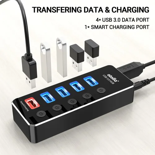 Vista 3 de Concentrador USB con alimentación, atolla Concentrador USB de aluminio de 5 puertos USB 3.0 con 4 puertos de datos USB 3.0 y 1 puerto de carga