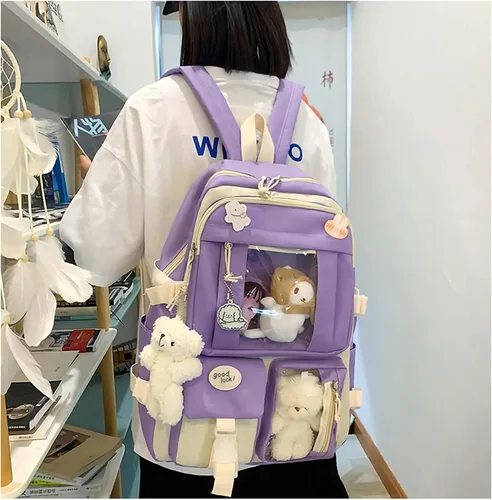 Vista 4 de Mochila Kawaii de 5 piezas, bolsa deportiva estética de 17 pulgadas con bonita mochila, bolsa de hombro, caja de lápices, bolsa de mano, bolsa