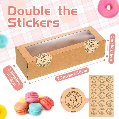 Vista 2 de Sherr 100 Cajas Marrones para Macarons con Ventana, Cajas para Galletas con 200 Pegatinas, Contenedores Largos de Regalos para Panadería y Postres