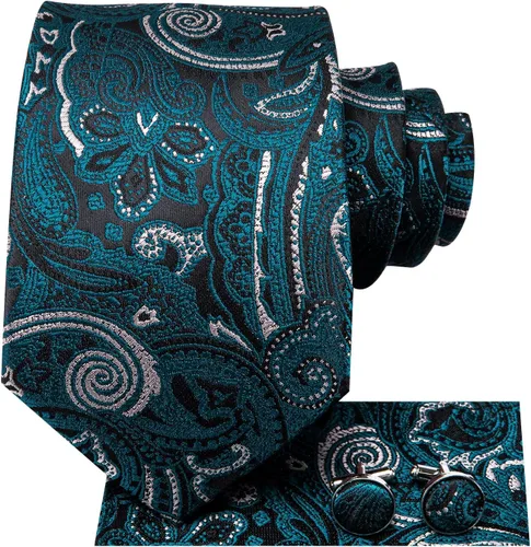 Vista 15 de Hi-Tie Conjunto de corbatas de seda con estampado paisley para hombre, pañuelo de bolsillo y gemelos, conjuntos de corbata formal para negocios a