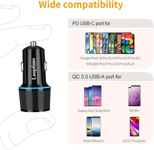 Vista 3 de Adaptador de cargador de coche rápido USB C de 45 W con cable tipo C de 3.3 pies para Google Pixel Android Phone Plug PD/PPS & QC3.0 Cigarette