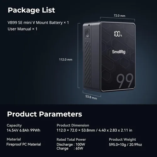 Vista 9 de SMALLRIG V Mount Battery VB99 SE, 99Wh / 6800mAh PD65W Mini V-Mount Batería